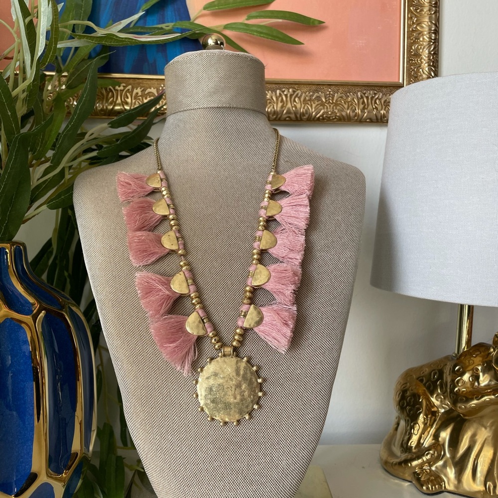 Pink boho fringe detail necklace